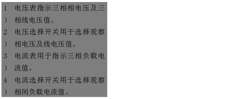 文本框: 1）	電壓表指示三相相電壓及三相線電壓值。
2）	電壓選擇開關(guān)用于選擇觀察相電壓及線電壓值。
3）	電流表用于指示三相負(fù)載電流值。
4）	電流選擇開關(guān)用于選擇觀察相間負(fù)載電流值。
5）	運(yùn)行時(shí)間表用于指示柴油發(fā)電機(jī)組的累計(jì)運(yùn)行時(shí)間。
6）	機(jī)油壓力表用于指示機(jī)組運(yùn)行時(shí)的機(jī)油壓讀數(shù)。
7）	水溫表用于指示冷卻液溫度數(shù)值。
8）	頻率/轉(zhuǎn)速表用于指示輸出電力的頻率和機(jī)組的轉(zhuǎn)速。
9）	電池電壓表用于指示電池的充電電壓。

